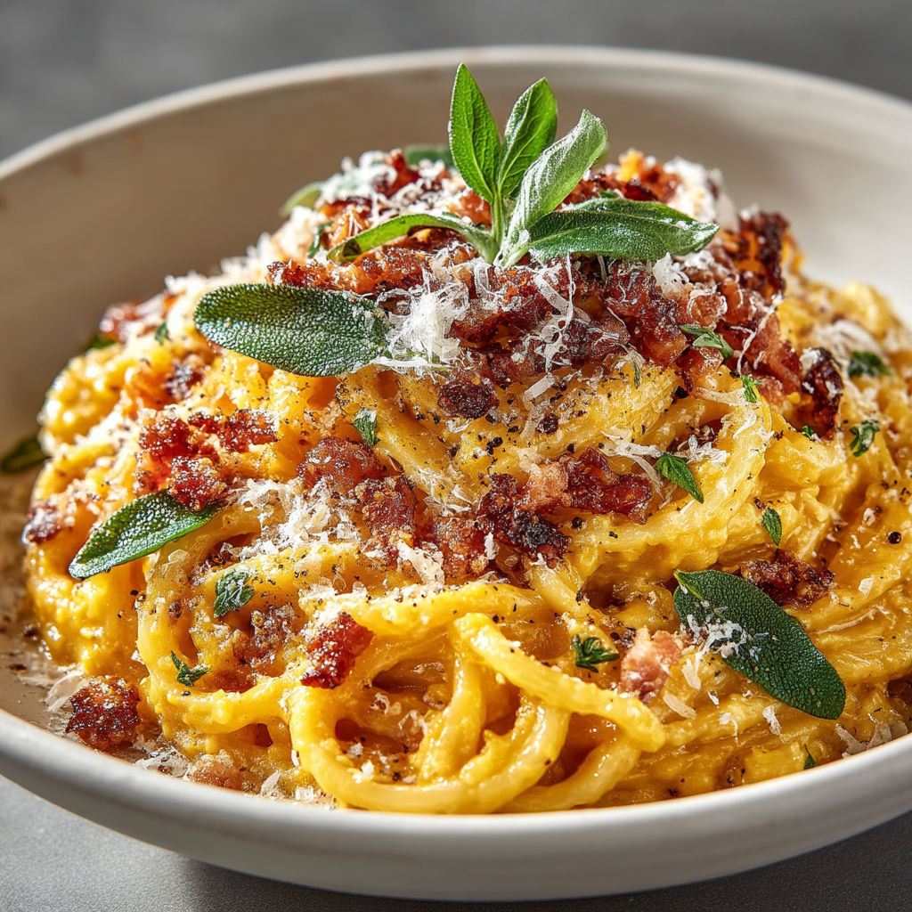 Une assiette de spaghetti avec des herbes et des bacon.