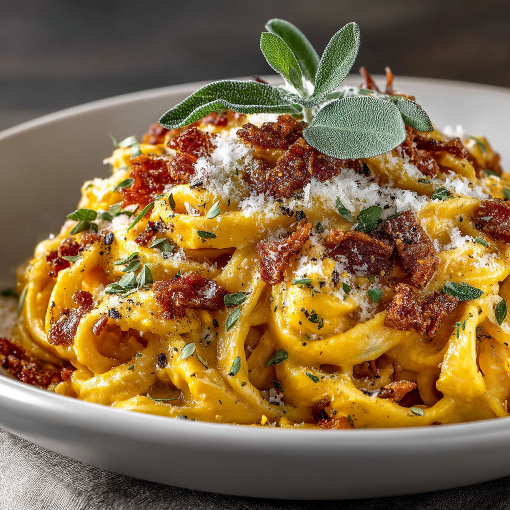 Une pile de spaghetti avec des herbes et des bacon.