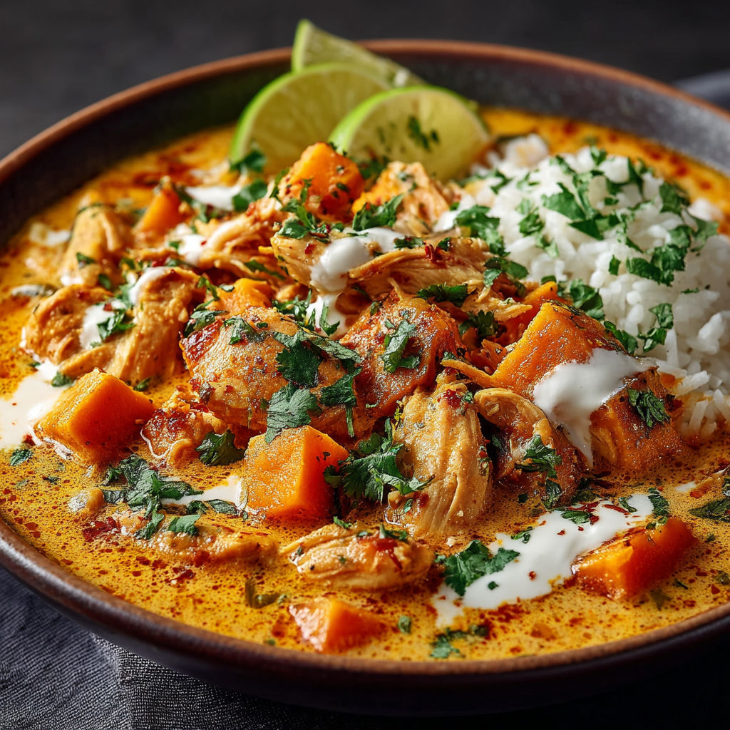 Une assiette de curry thaï au poulet, courge et patate douce.