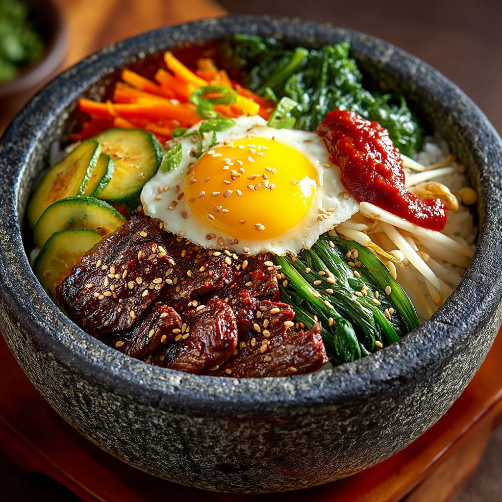 Un plat coréen de Bibimbap avec des légumes et des viandes.