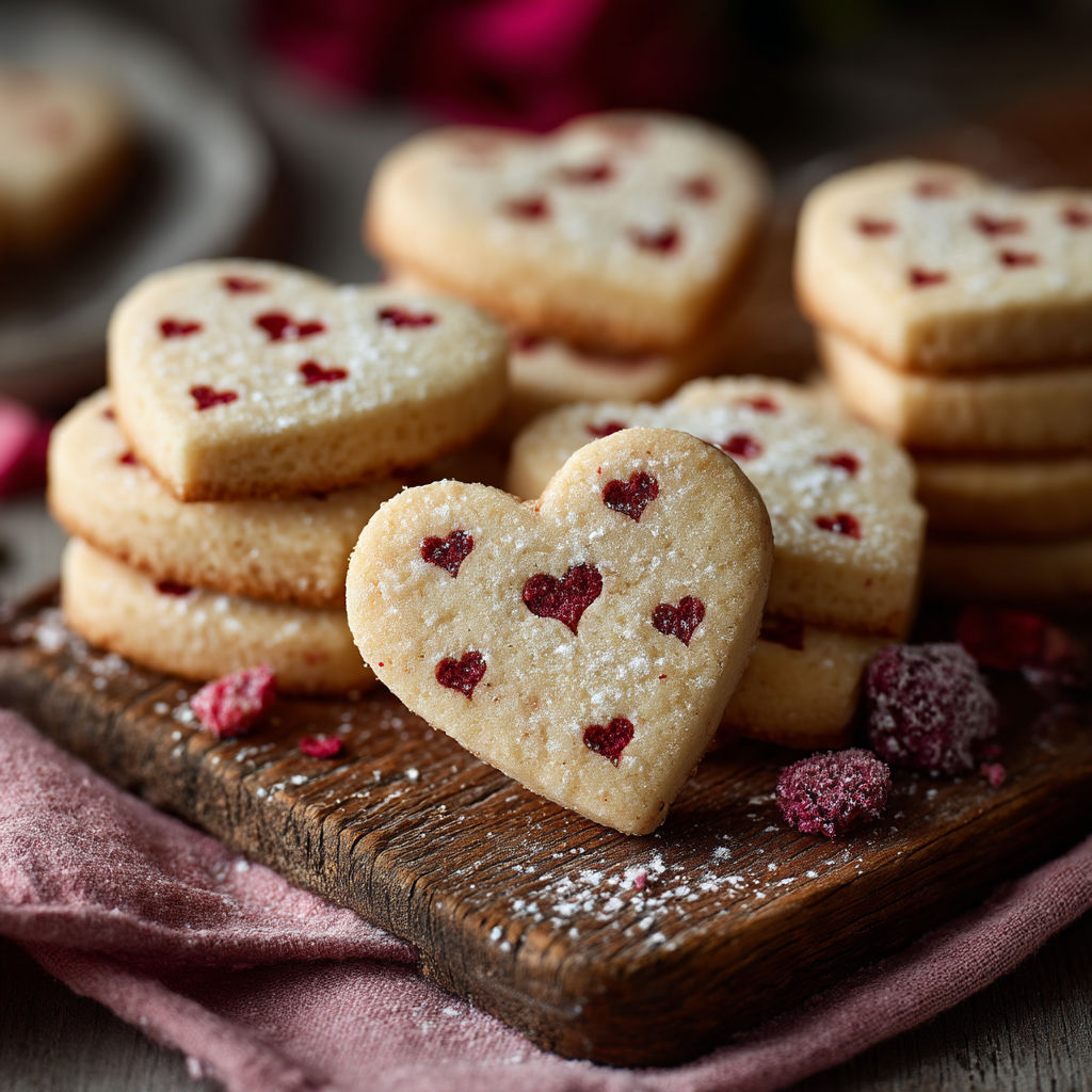 Des cookies en forme de cœur avec des grains de raspberry dessus.