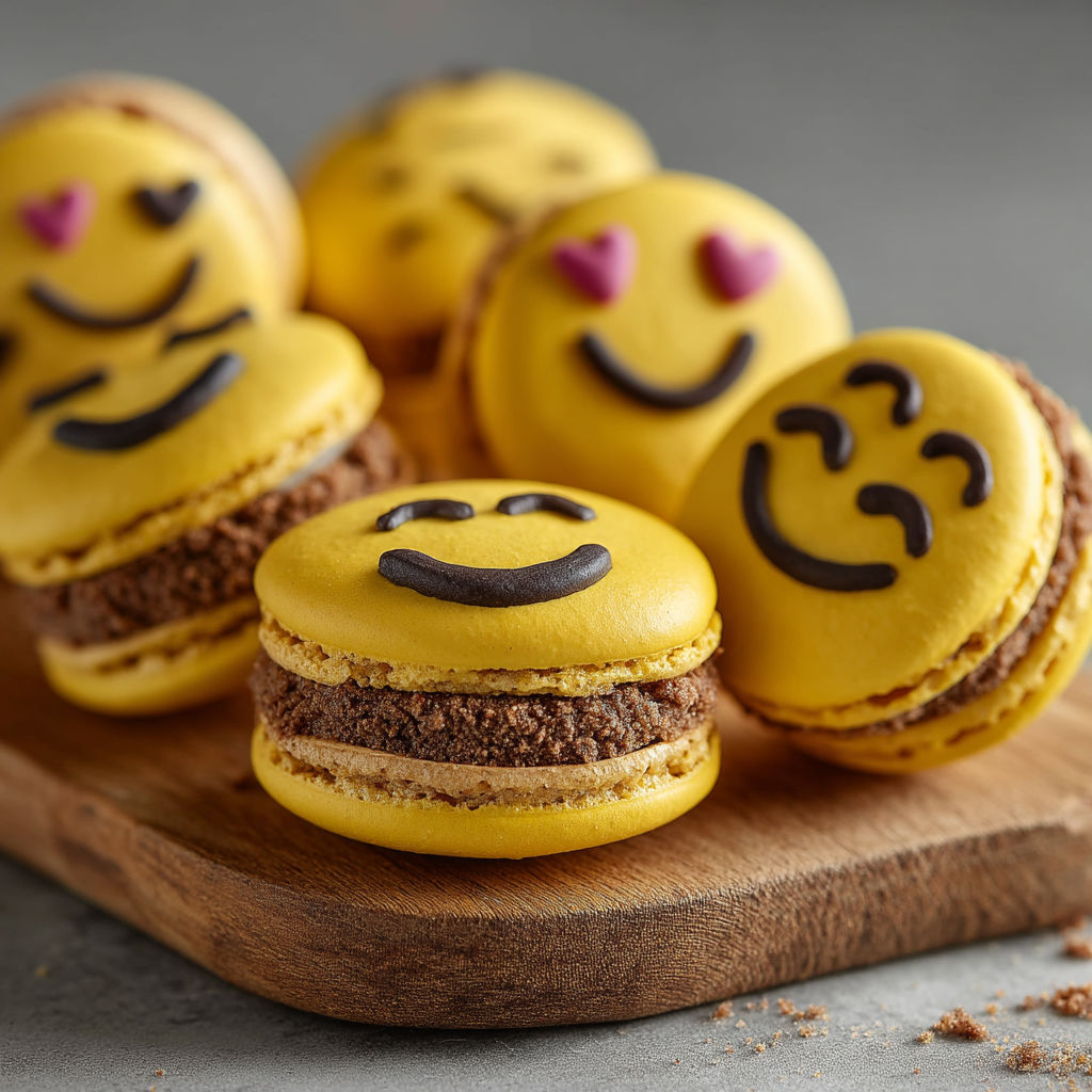 Macarons à la pâte de spéculos maison avec des émojis sur le dessus.