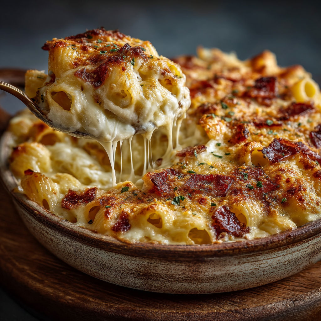 Gratin de pâtes fondant aux fromages.