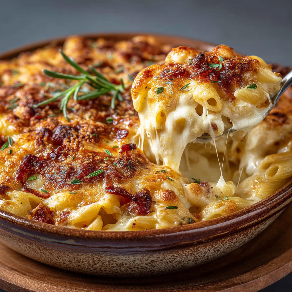Gratin de pâtes fondant aux fromages.