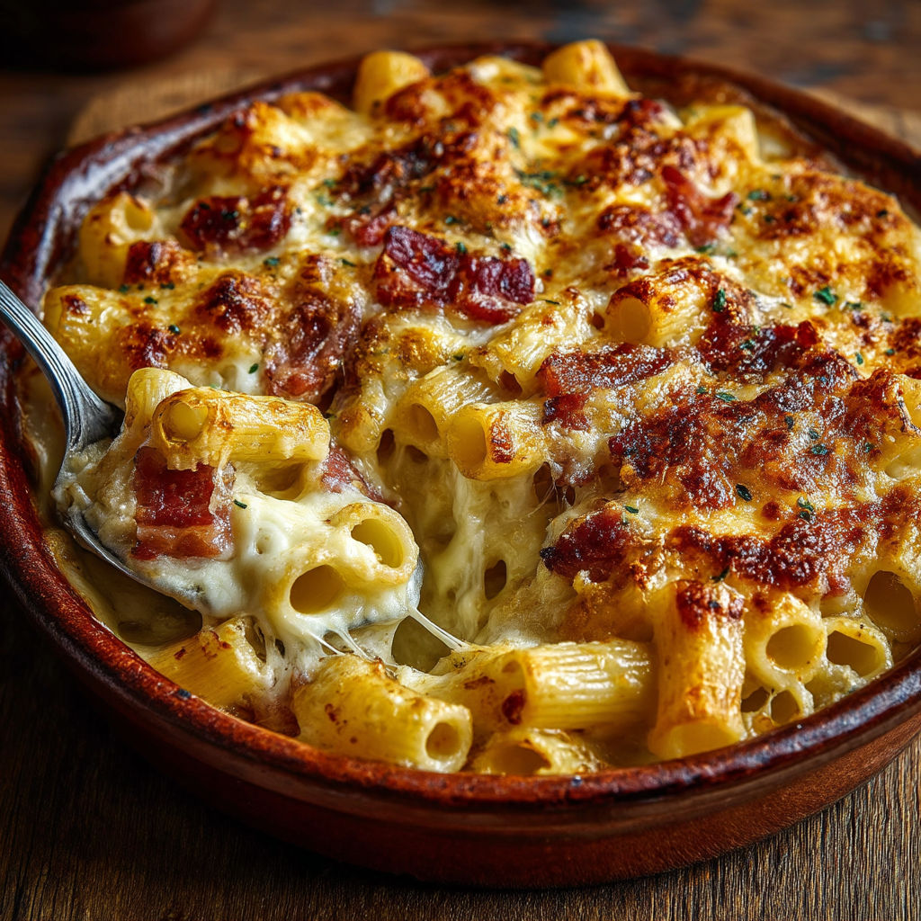Gratin de pâtes fondant aux fromages.