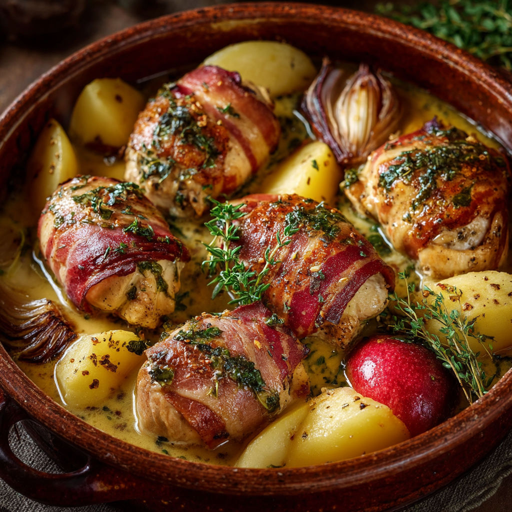 Un plat de viande avec des légumes et des pommes.
