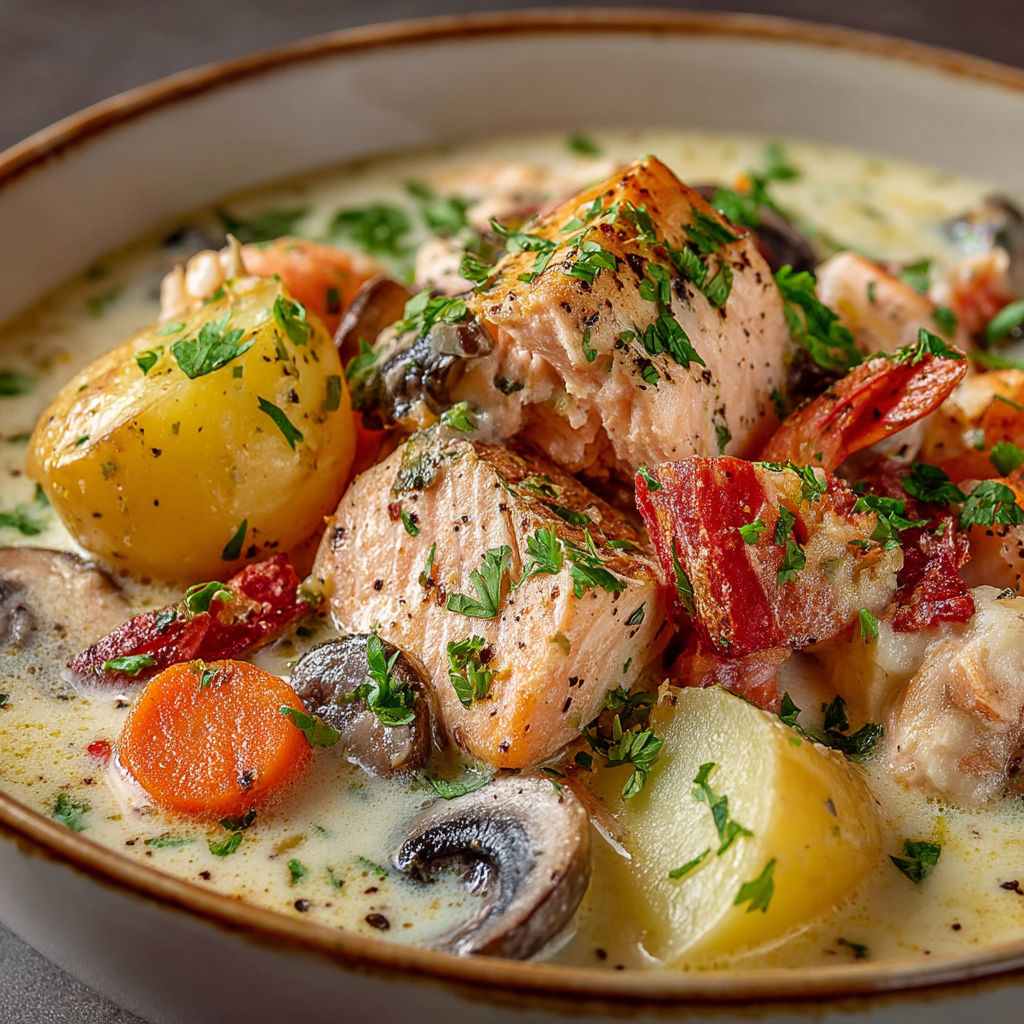 Une assiette de soupes avec des légumes et des viandes.