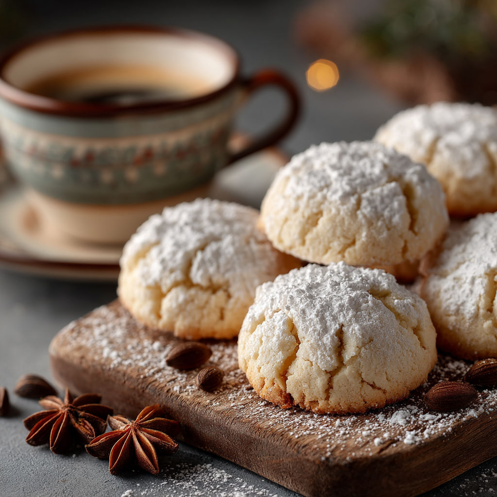 Des cookies sur une plaque de bois avec une tasse de café.