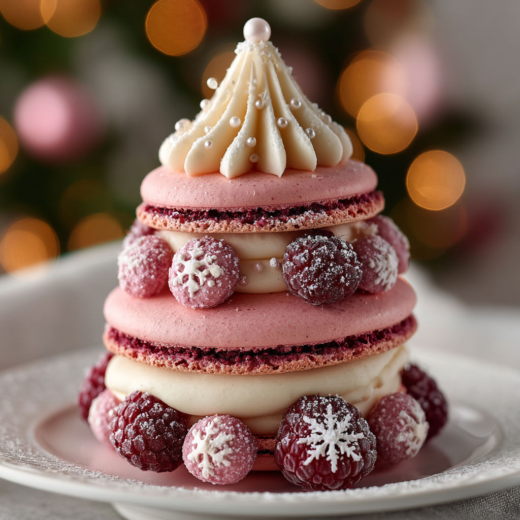 Une structure de macarons en forme de sapin, garnie de fruits rouges et de paillettes de sucre.