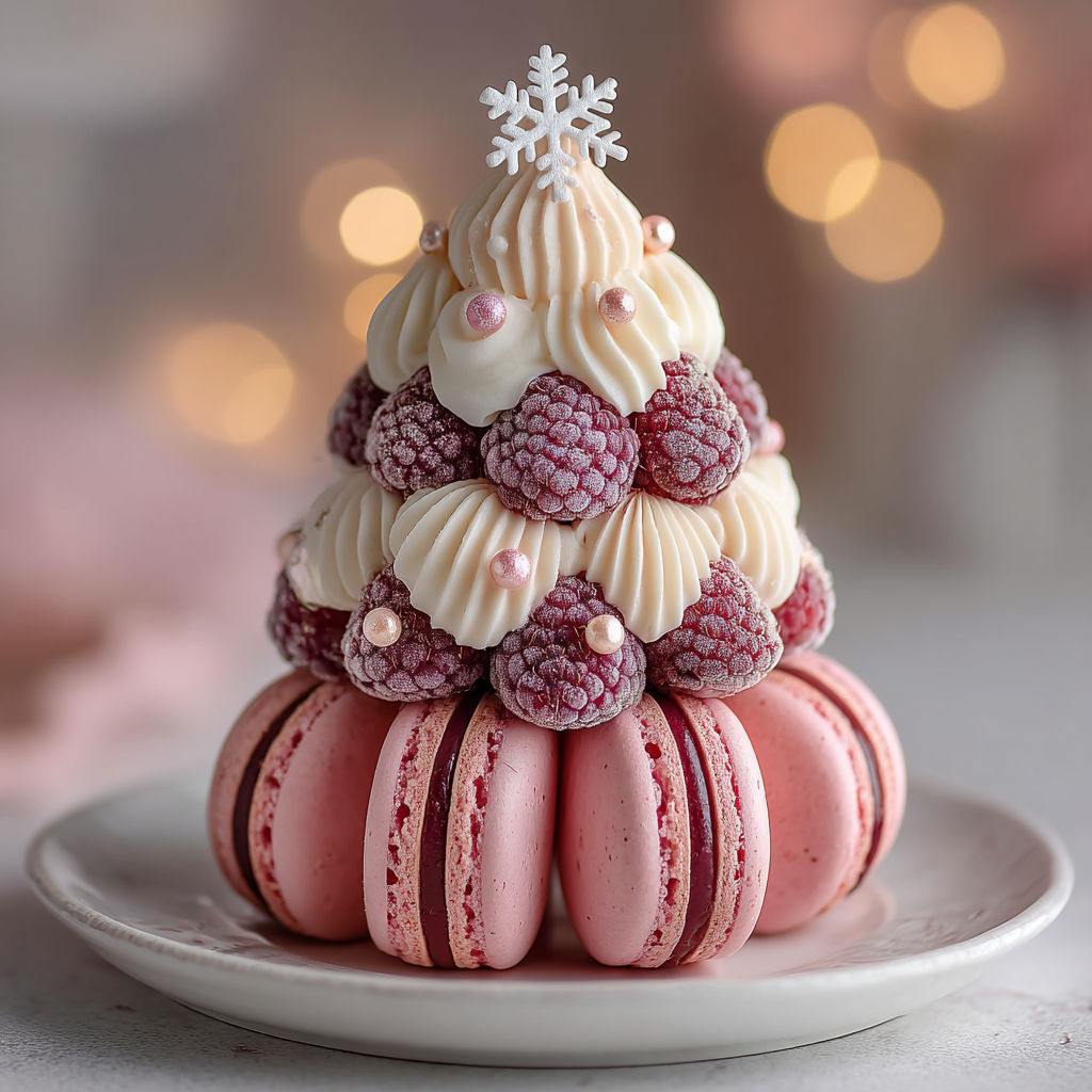 Un décoration de glace en forme de pyramide avec des fruits rouges.