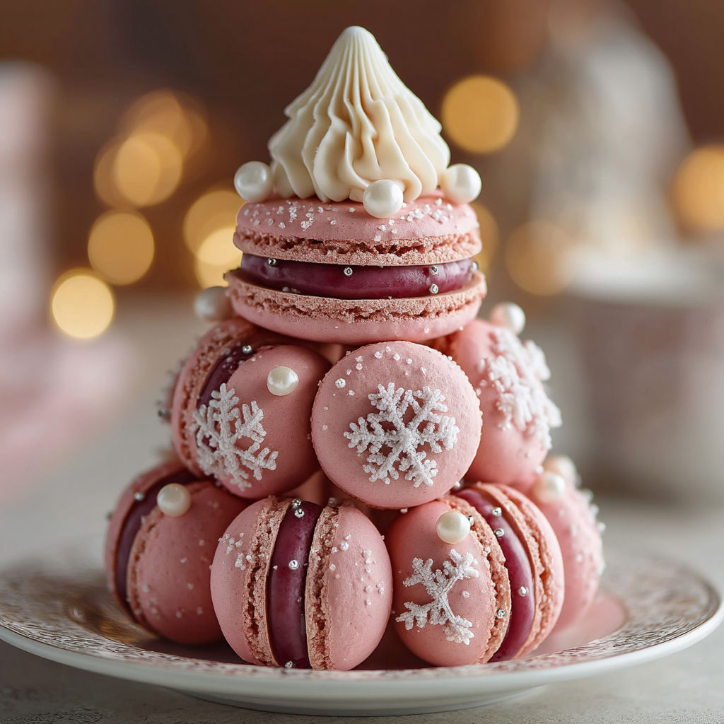 Une tour de macarons garnie de crème et de paillettes de sucre.