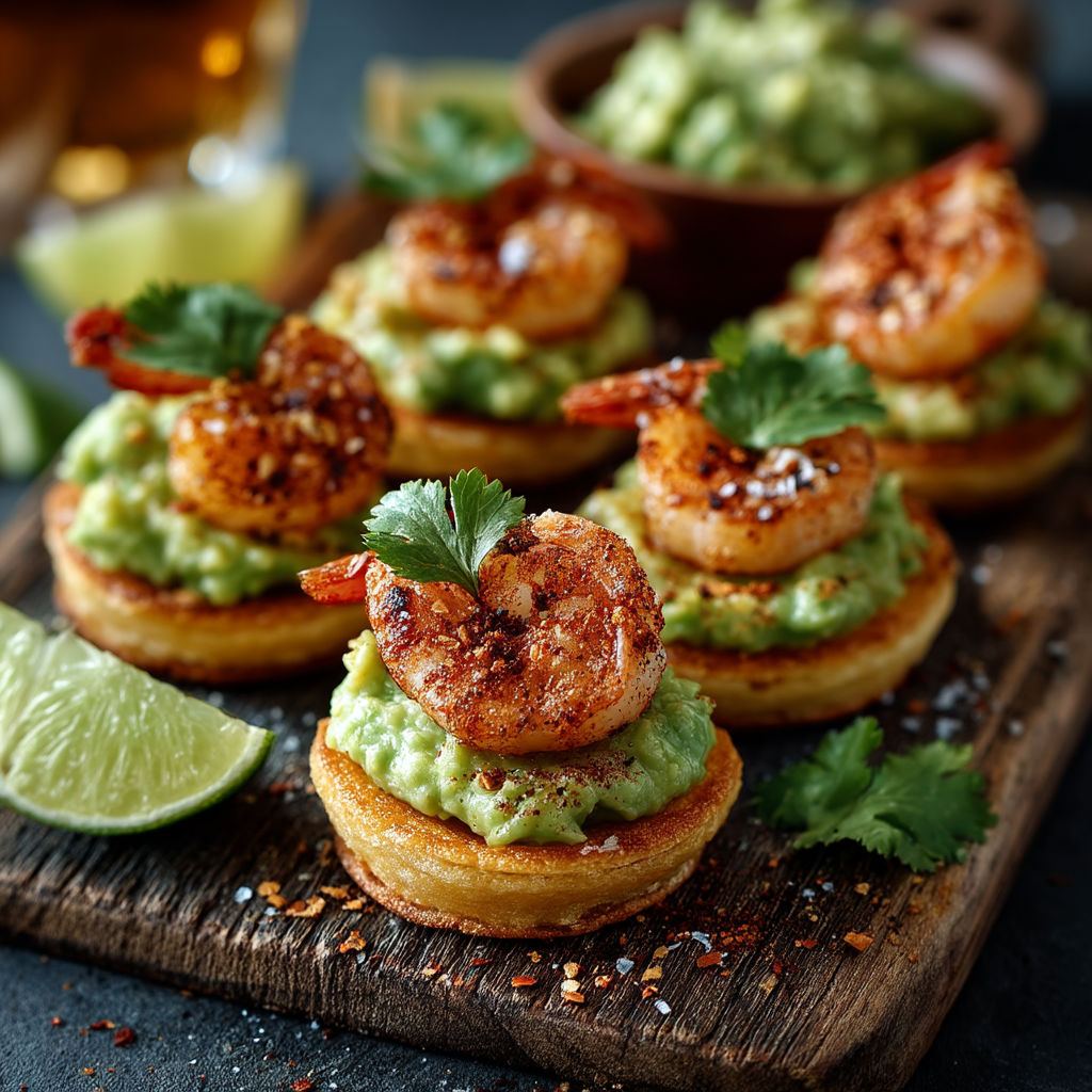 Des mini sandwichs de crevettes et de guacamole sur une planche de bois.