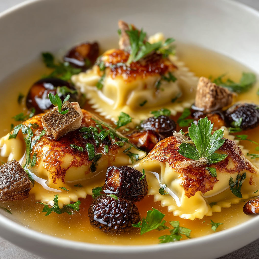 Ravioles de foie gras et morilles.
