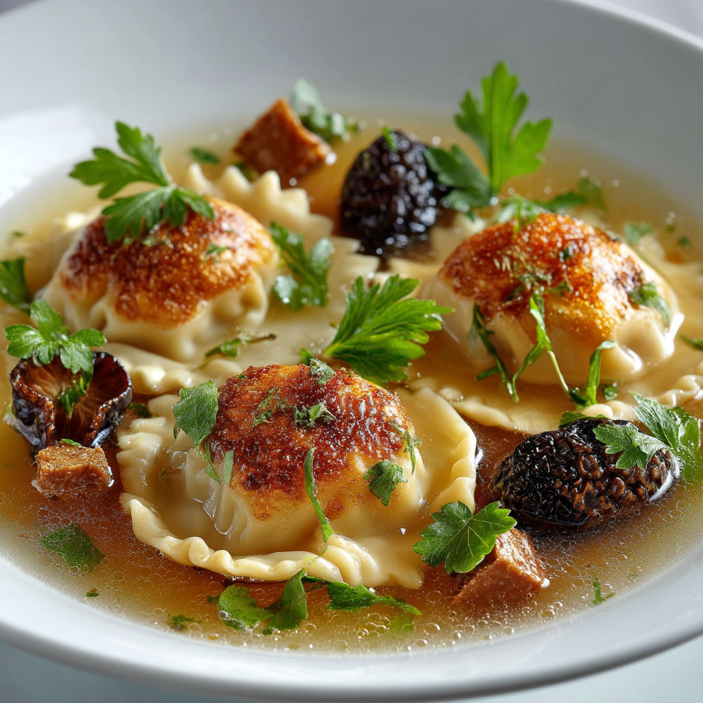 Une assiette de soupes et de raviolis.