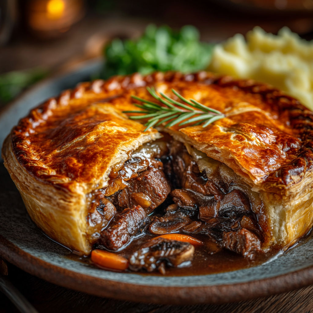 Une tourte au bœuf, champignons et à la Licorne Black.