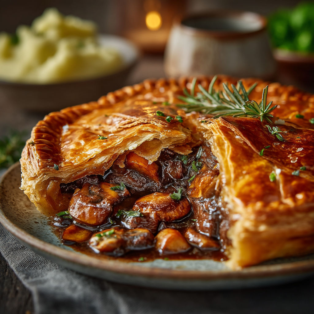 Une tourte au bœuf, champignons et à la Licorne Black.