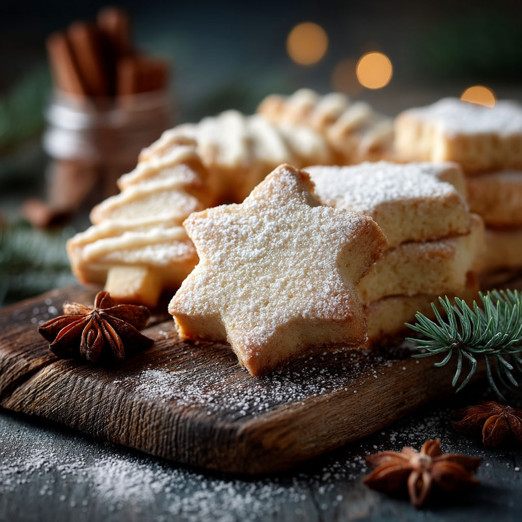 Des sablés de Noël sur une planche de bois.
