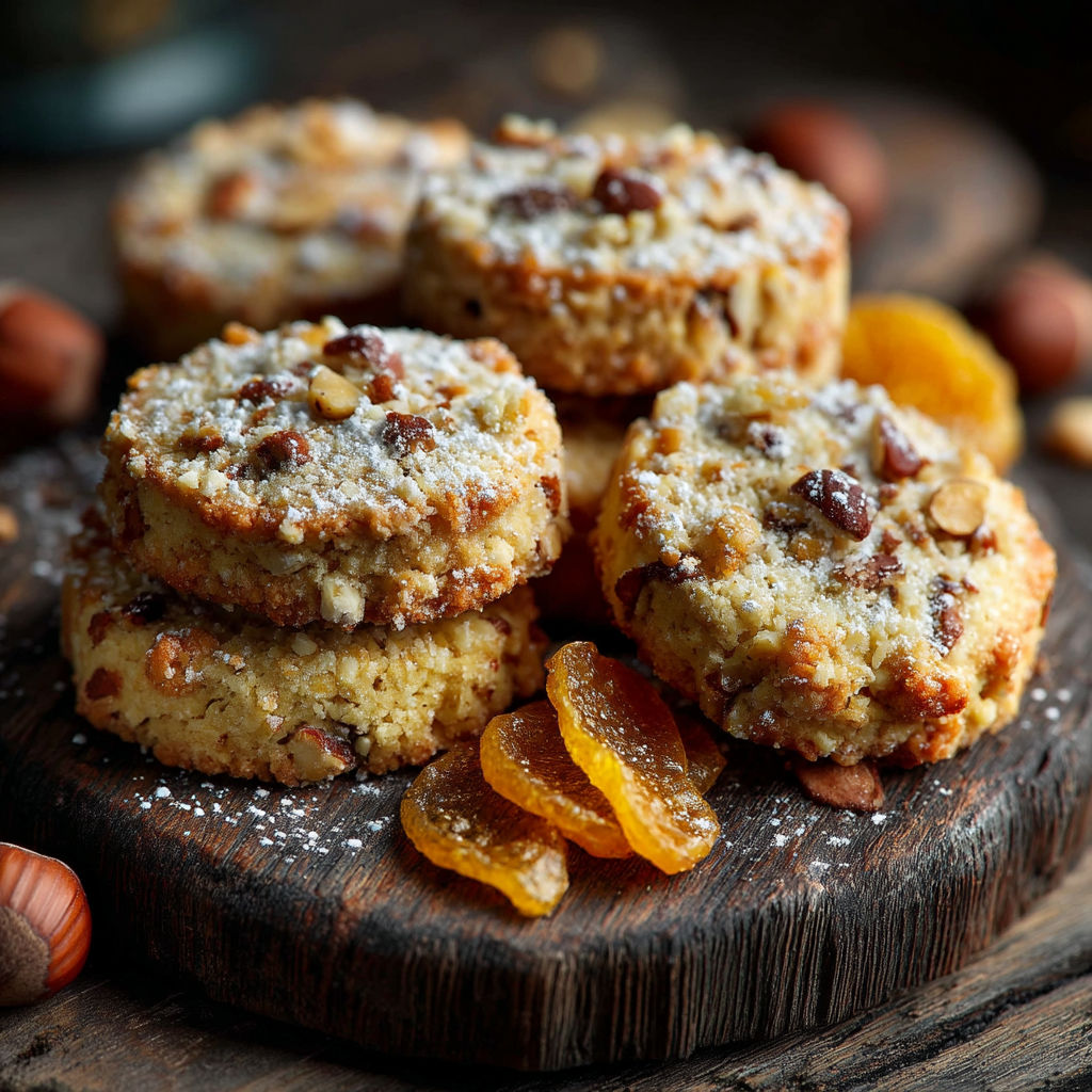 Des sablés rustiques avec des noisettes et des oranges.