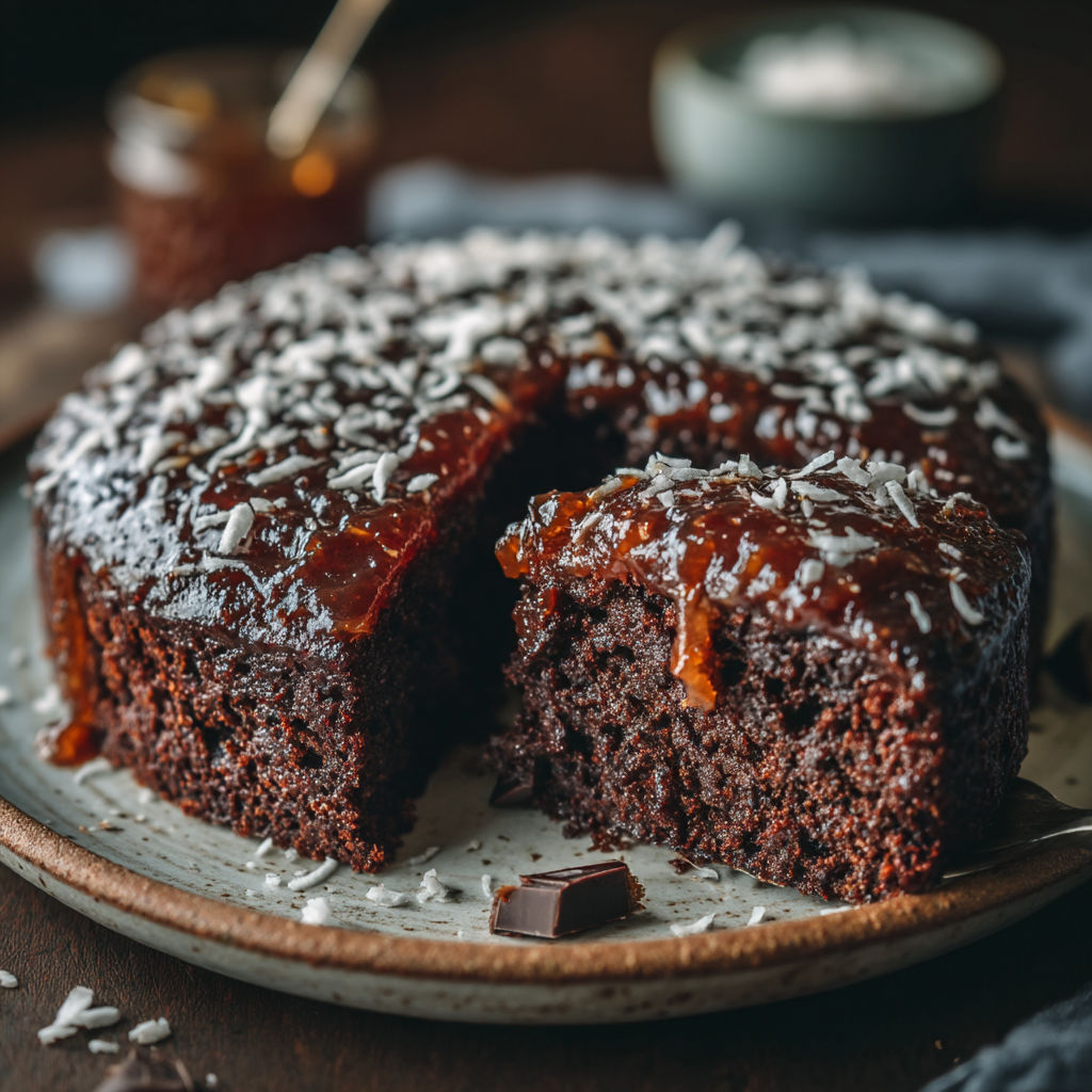 Un gâteau chocolat avec des noix de coco et sans gluten ni lait.
