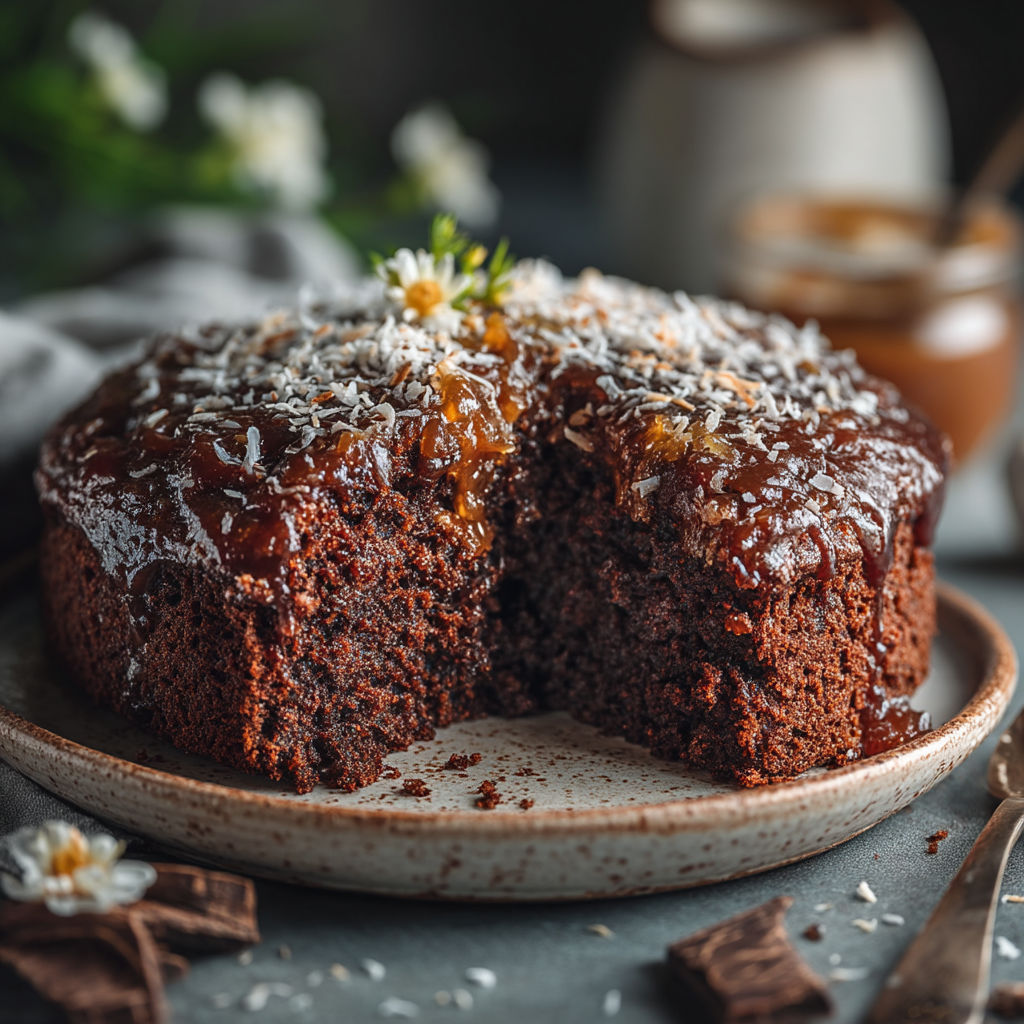 Une tarte au chocolat avec des fleurs de cerisier sur le dessus.
