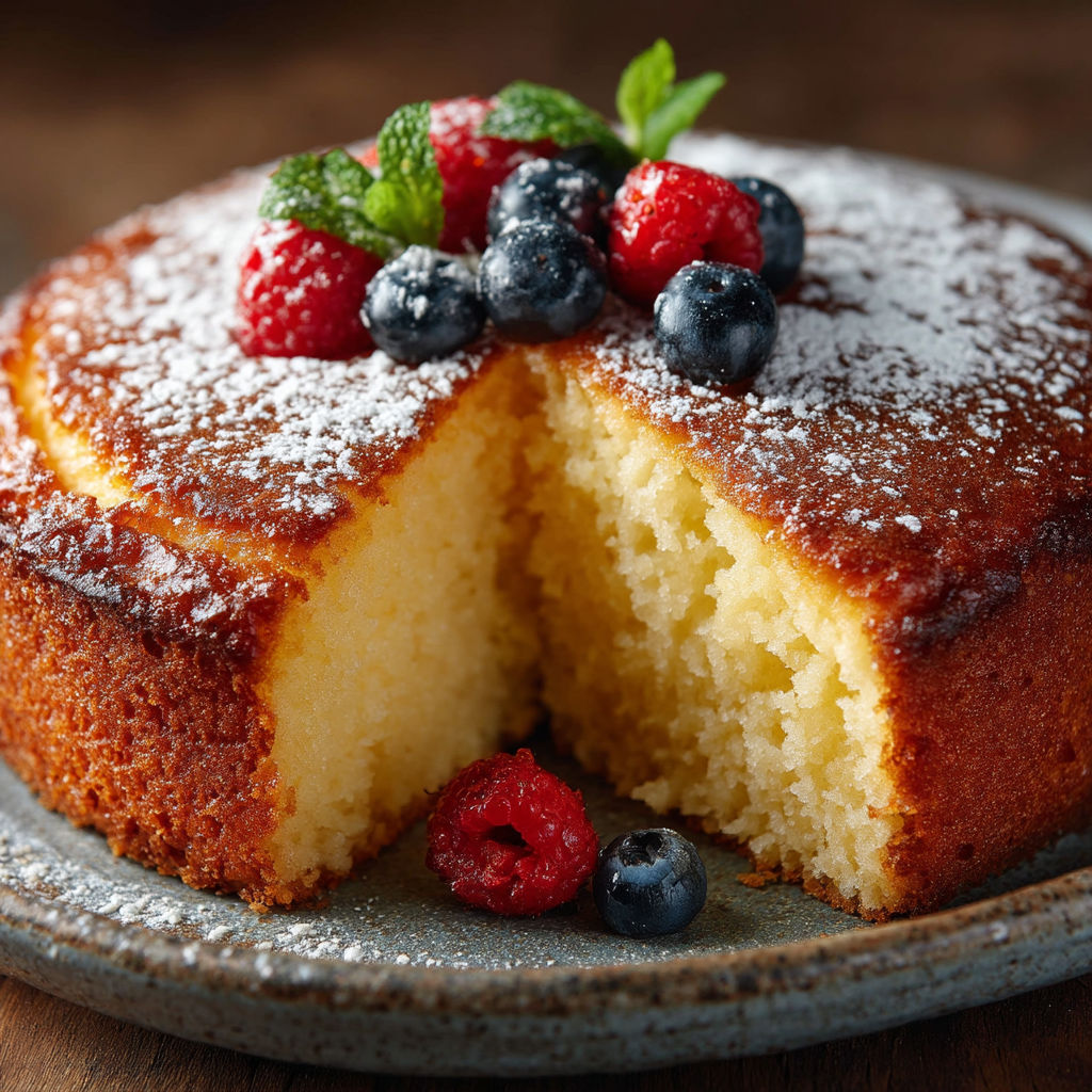 Un gâteau au yaourt moelleux est servie sur un plateau.