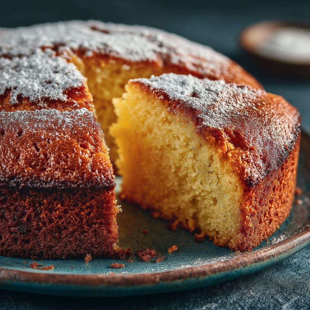 Une portion de gâteau nature moelleux sur un plateau.