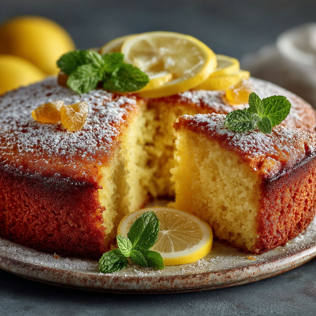 Une tarte aux citrons avec des citrons et des herbes sur le dessus.