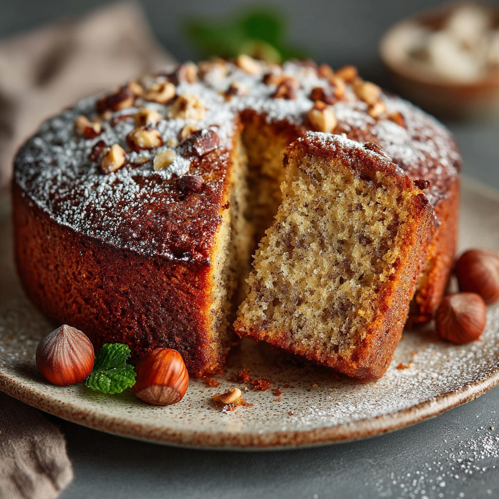 Une portion de gâteau moelleux avec des noisettes et des épices.