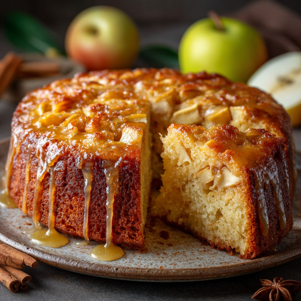 Une portion de gâteau moelleux aux pommes, rhum et vanille.