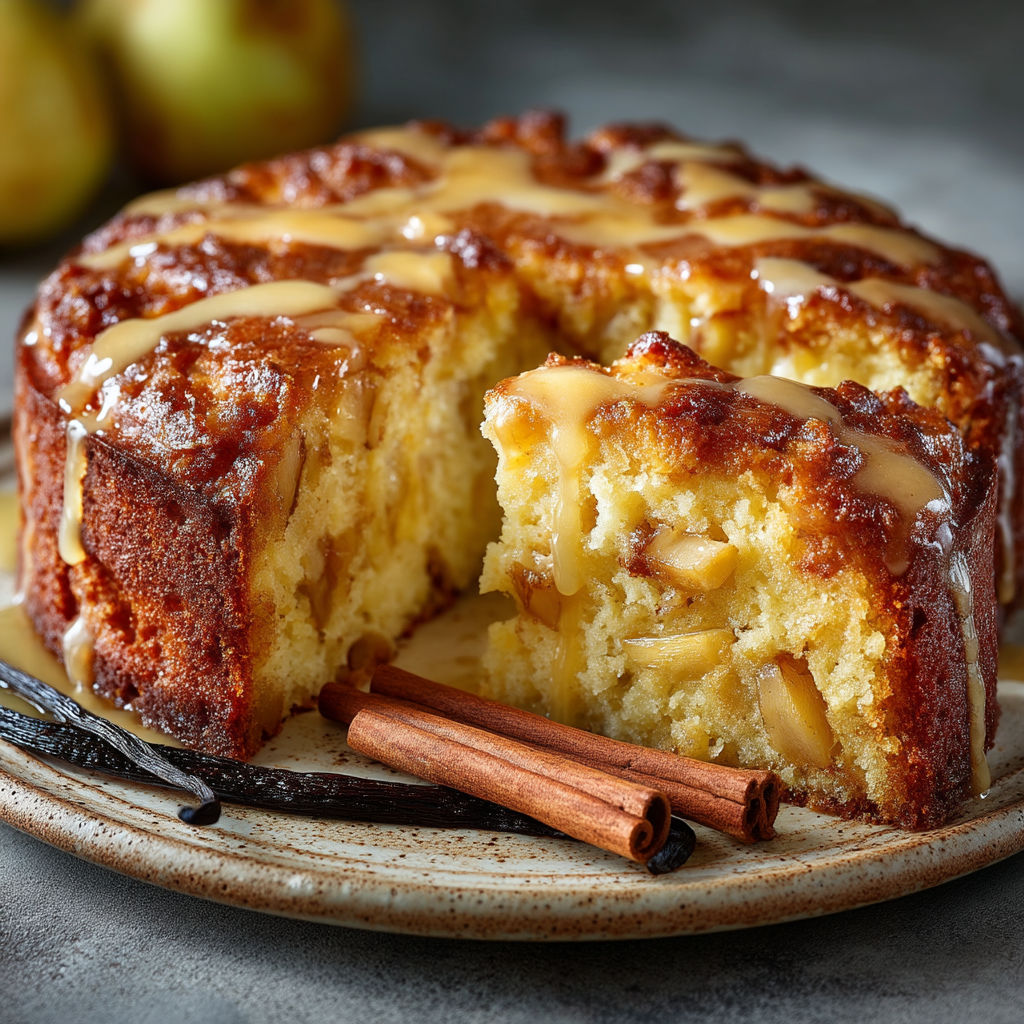Une tarte aux pommes avec une sauce caramélisée.