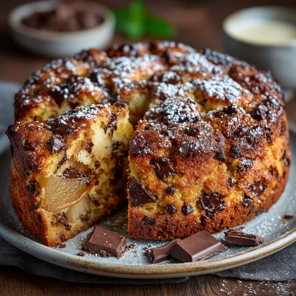 Gâteau aux poires et aux pépites de chocolat : rapide, facile et moelleux.