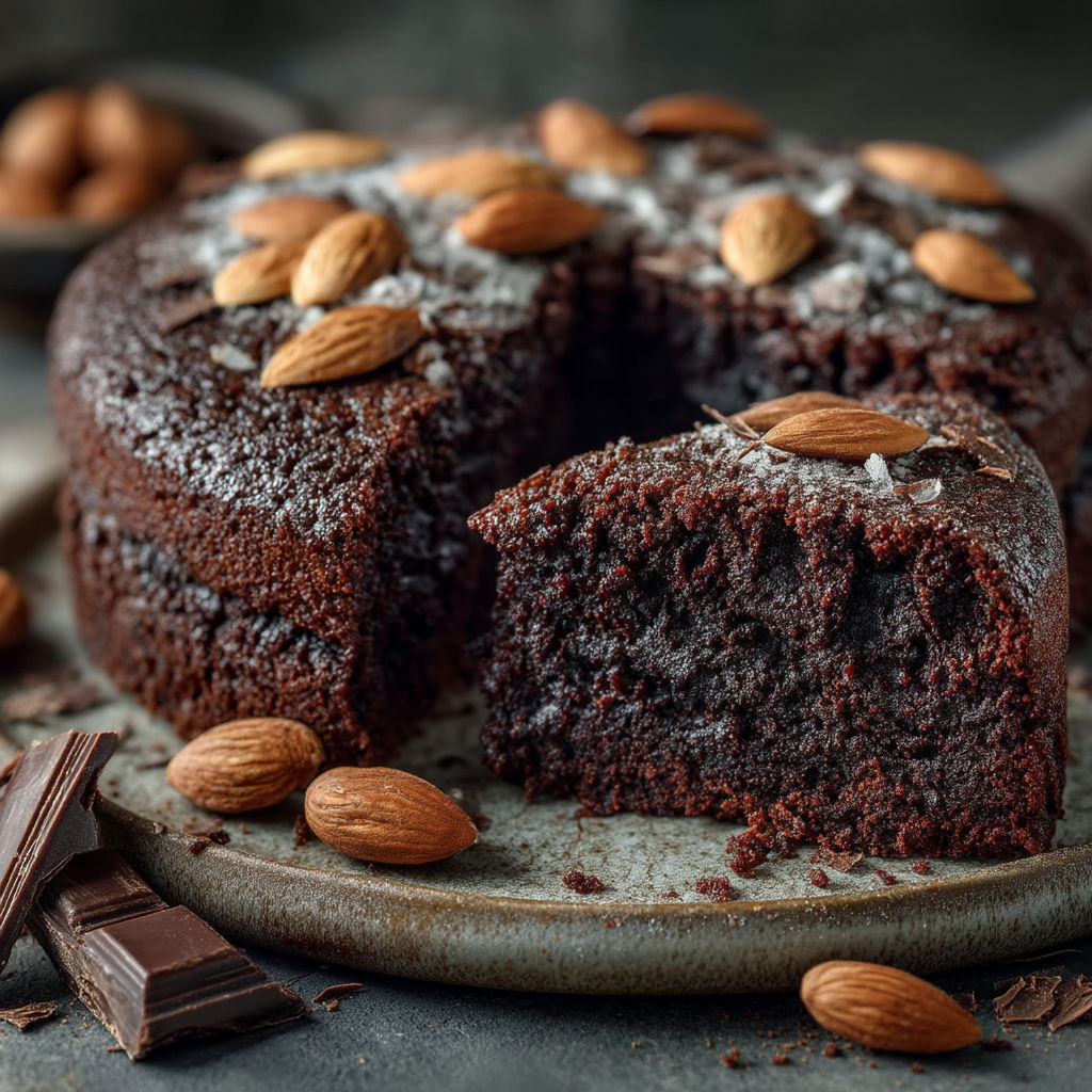 Une portion de gâteau d'anniversaire au chocolat et aux amandes.