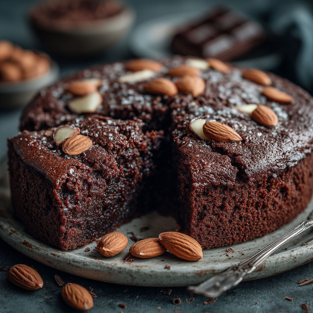 Une tarte au chocolat avec des noix et des amandes.