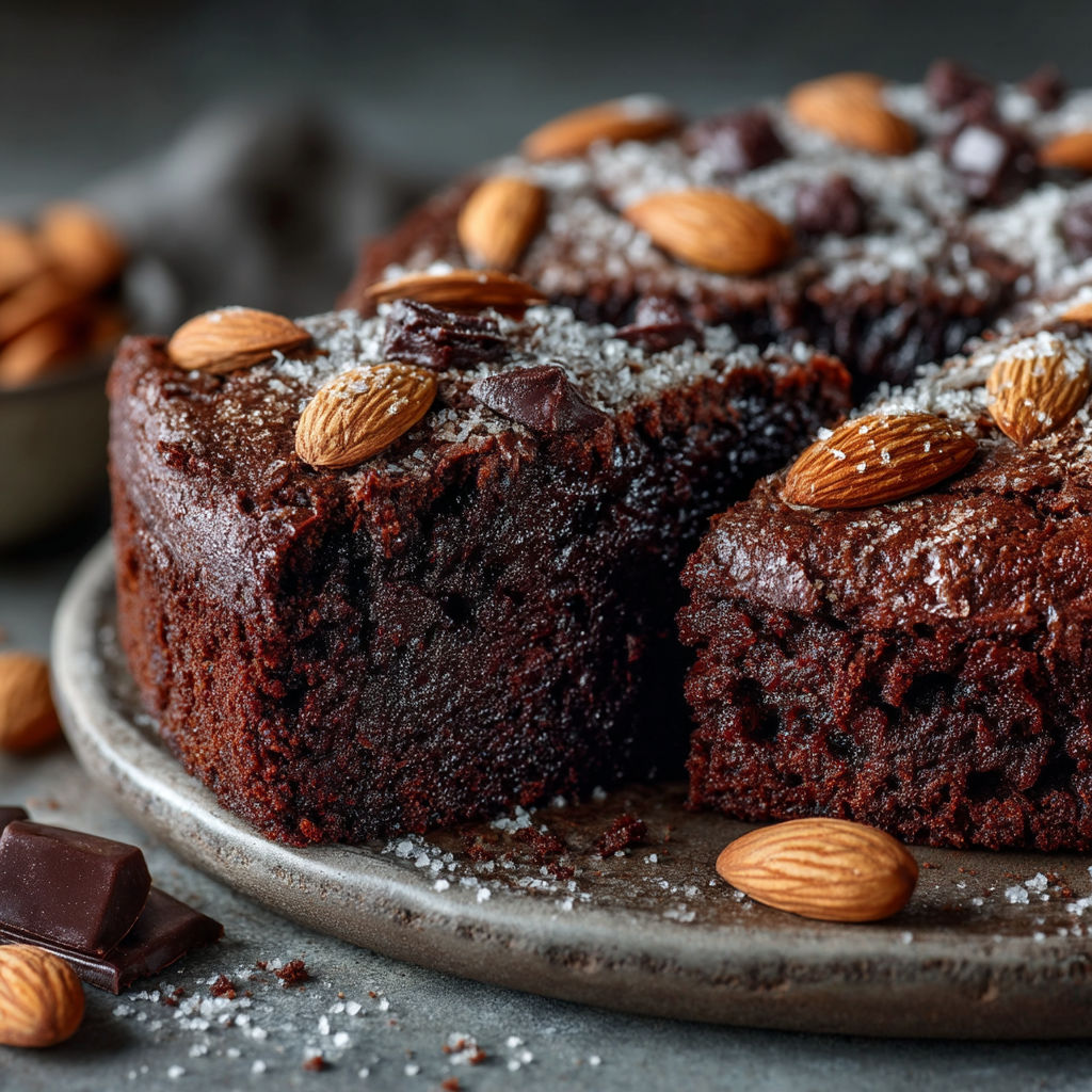 Une tarte de chocolat avec des noix et des amandes.