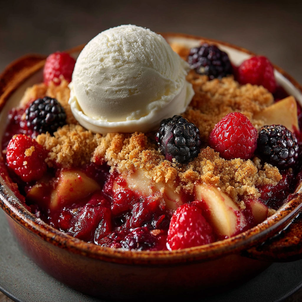 Une tarte aux fruits avec une portion de crème chantilly.