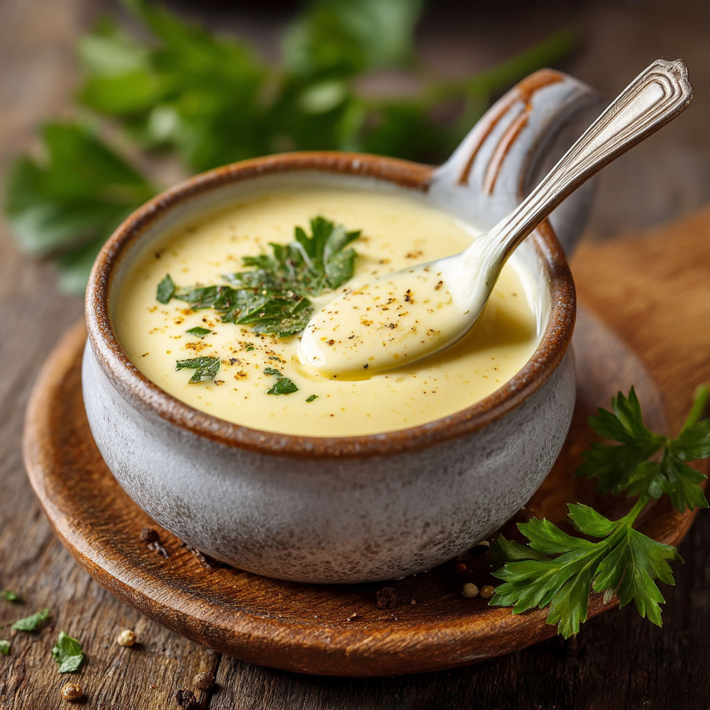 Une tasse de soupes avec des herbes et des épices.