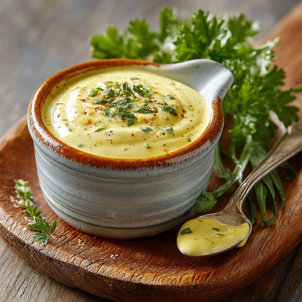 Une sauce béarnaise est servie dans un bol en céramique.