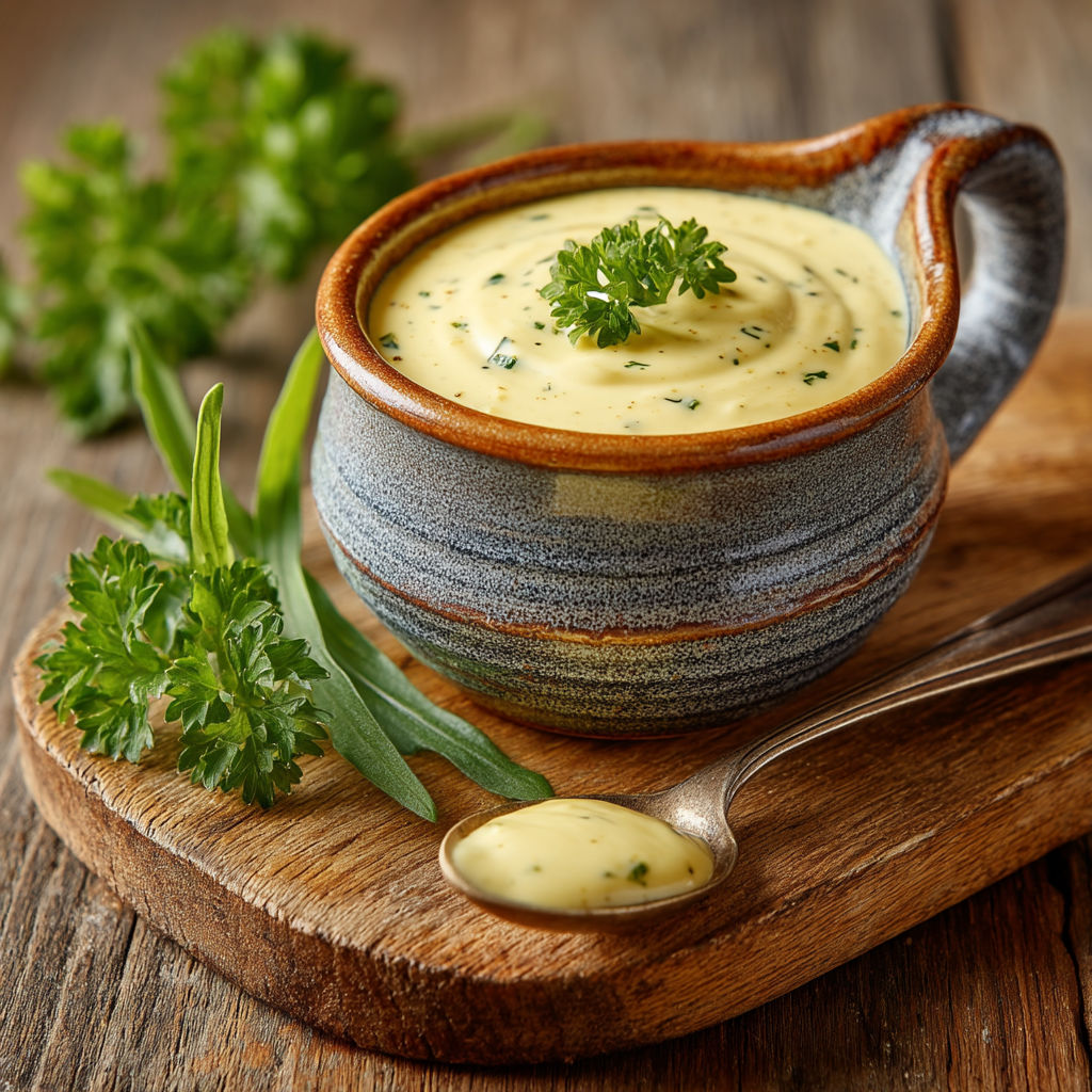 Une tasse de sauce avec des herbes vertes.