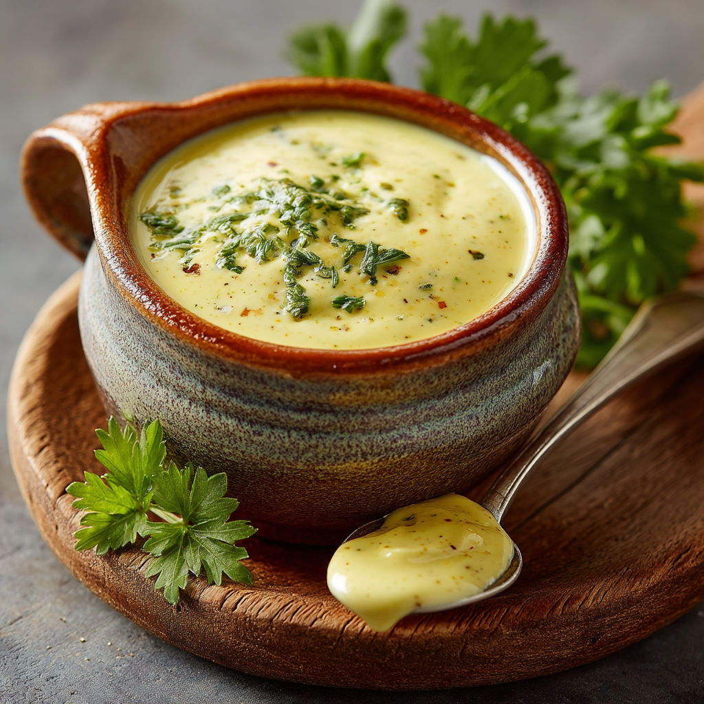 Une tasse de soupes avec des herbes vertes.