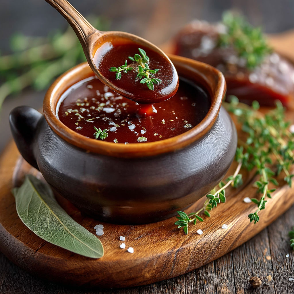 Une cuillère de sauce dans un bol de sauce.