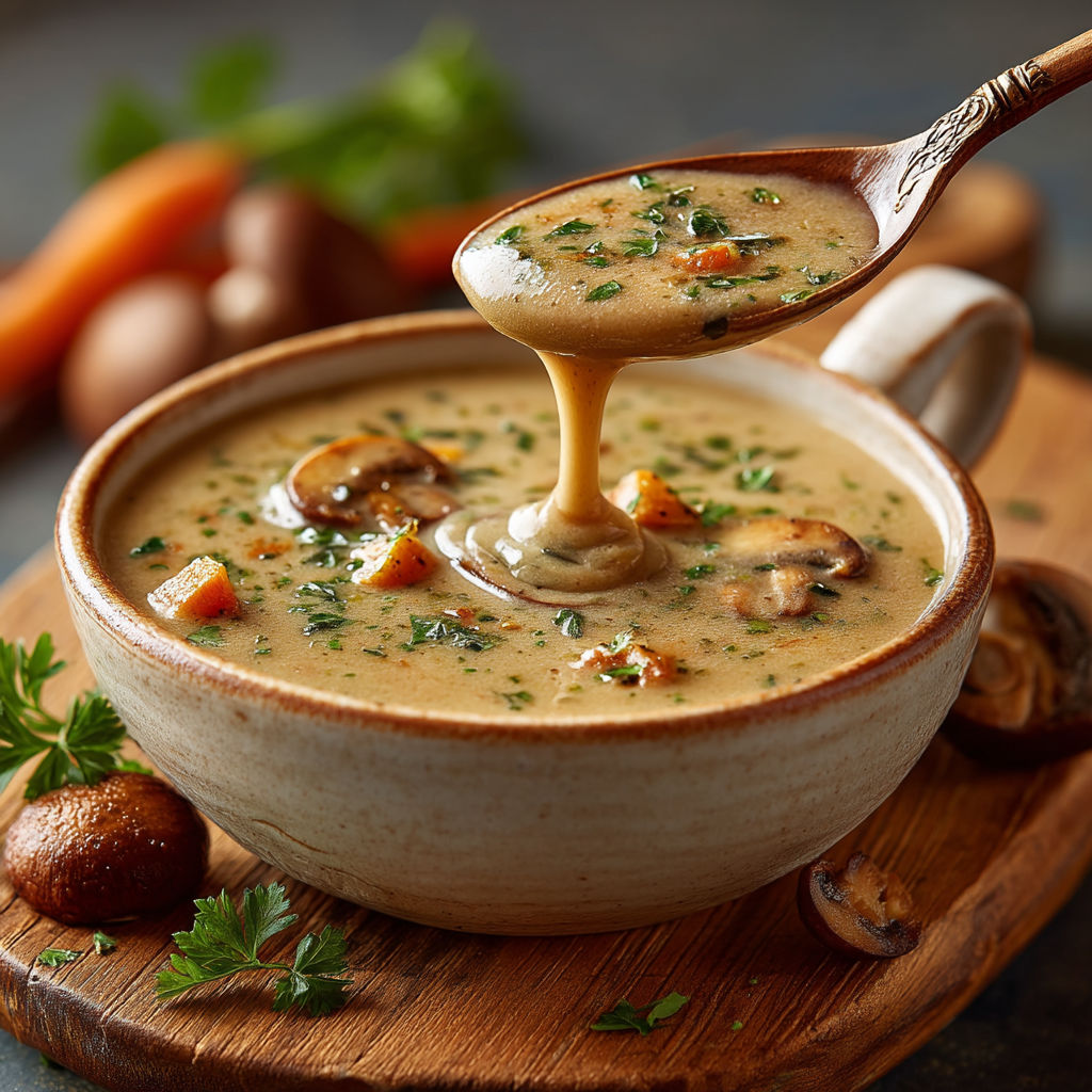 Une soupe chaude avec des carottes et des champignons.