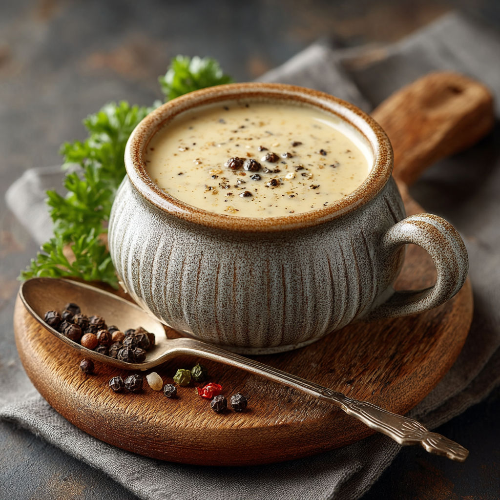 Une tasse de sauce au poivre sur une table.