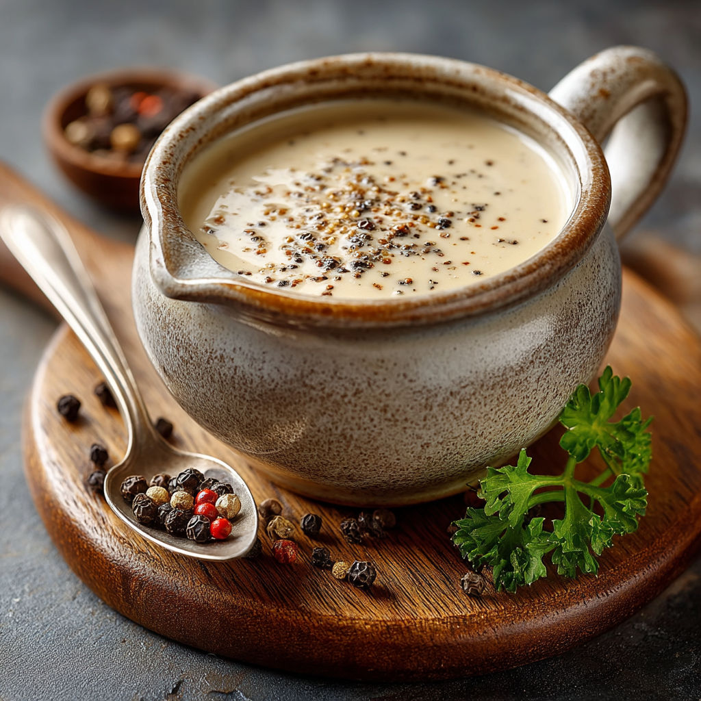 Une tasse de sauce au poivre sur un plateau.
