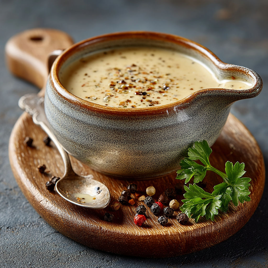 Une tasse de sauce au poivre sur une table.