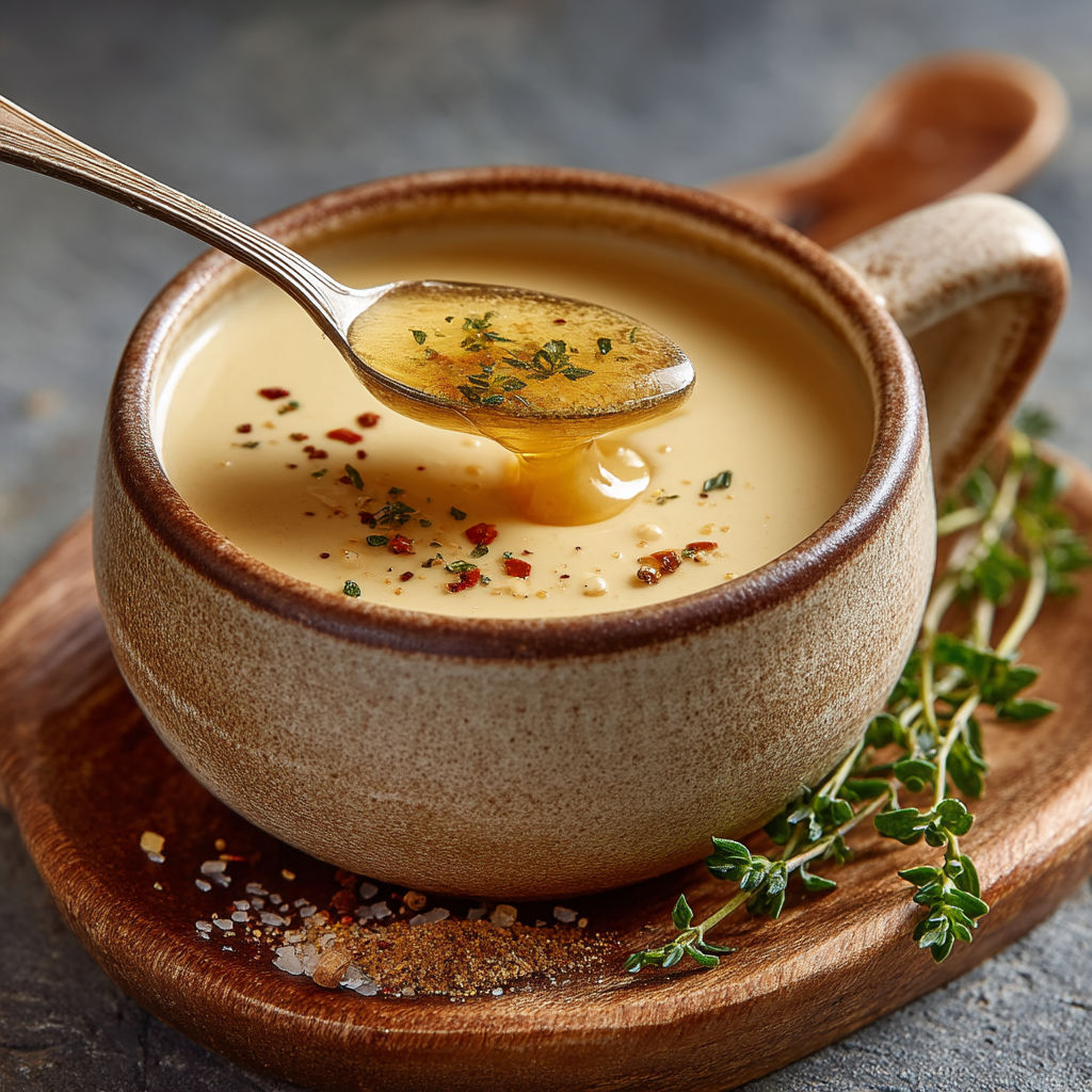 Une tasse de sauce au foie gras est sur une table.
