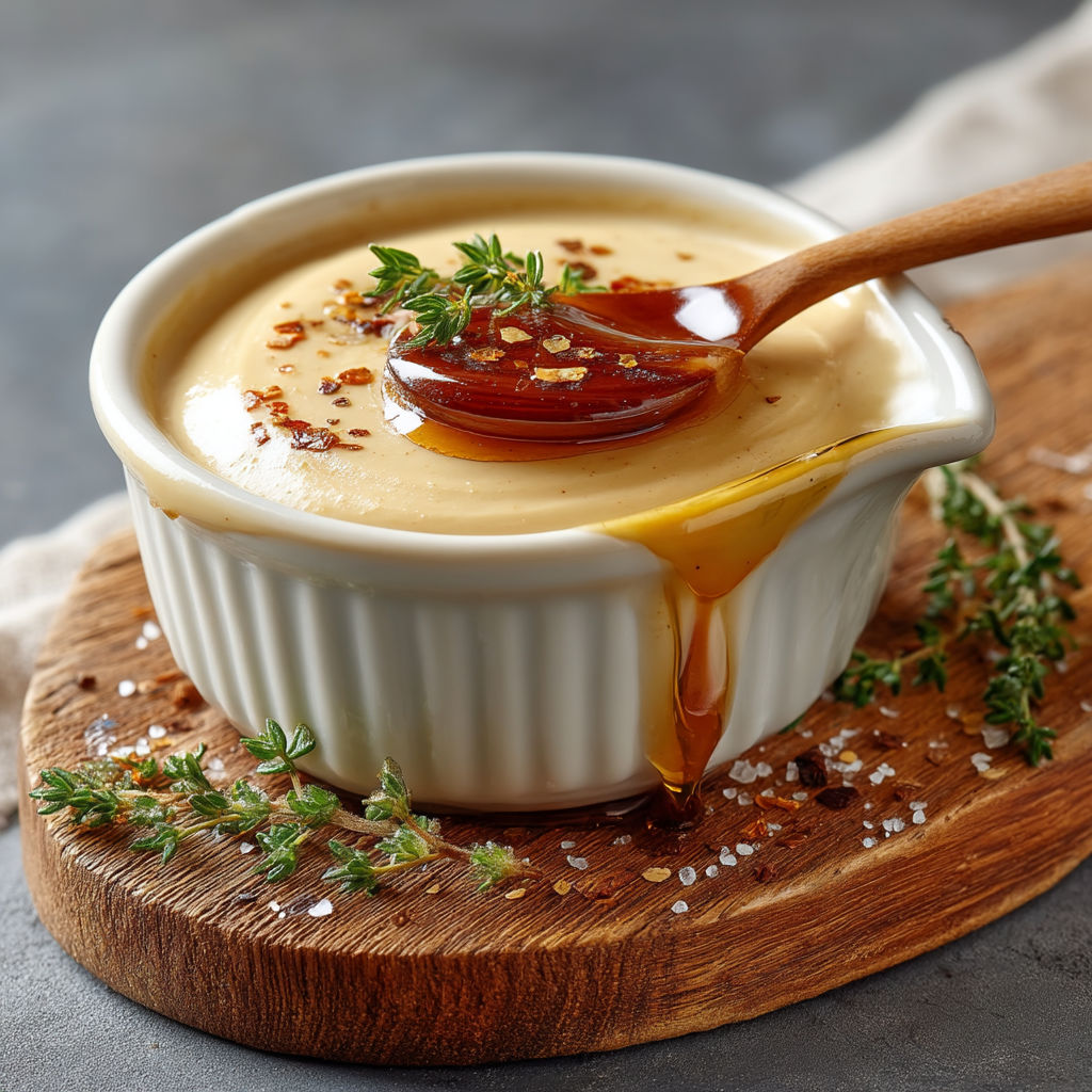 Une casserole de crème sauce avec des herbes et du miel.