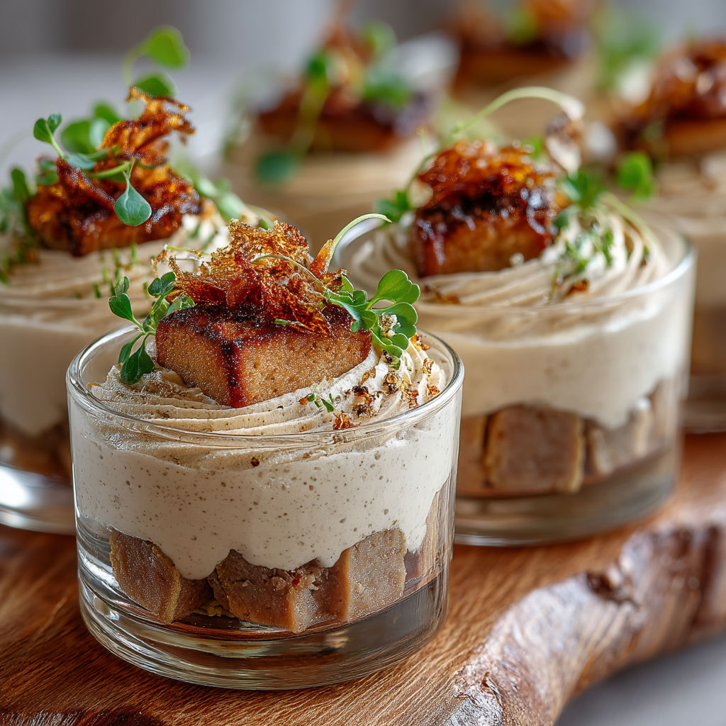 Verrines de foie gras et leur chantilly de foie gras fumée.