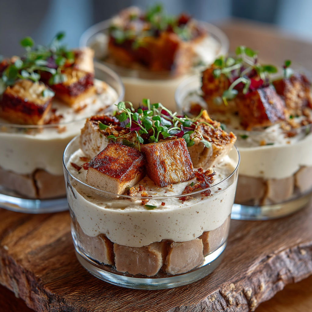 Desserts in four glasses with different toppings.