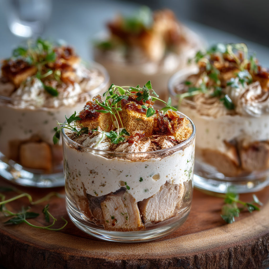 Desserts in glasses with bacon bits and herbs.