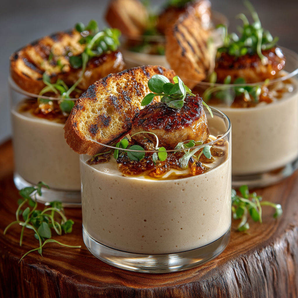Verrines de crème de châtaignes, émulsion de foie gras.